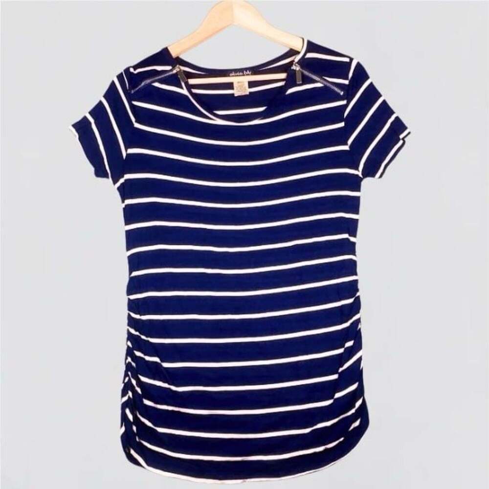 Olivia Blu Maternity Navy Blue and White Striped Short Sleeve Shirt Size M